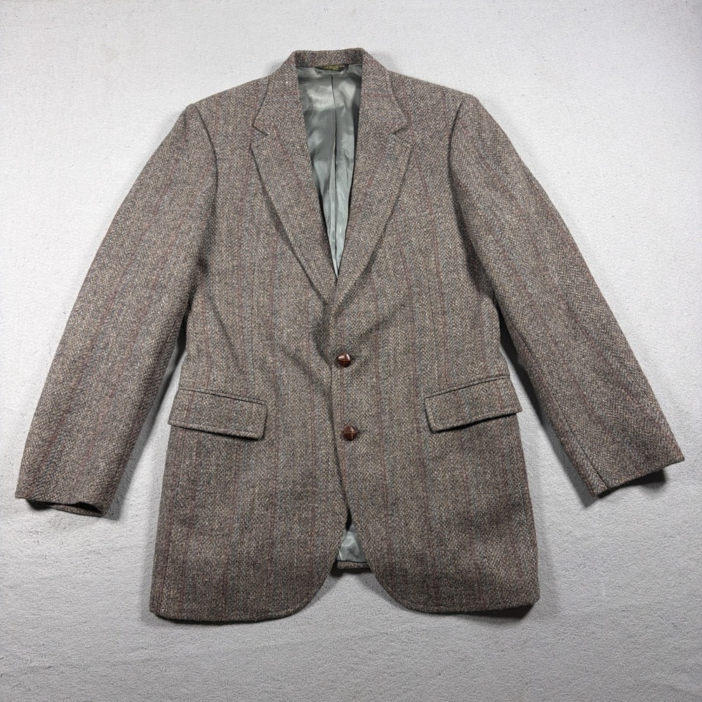 Vintage Herringbone Wool Tweed Sport Coat Jacket Mens 40R Brown Casual Classic